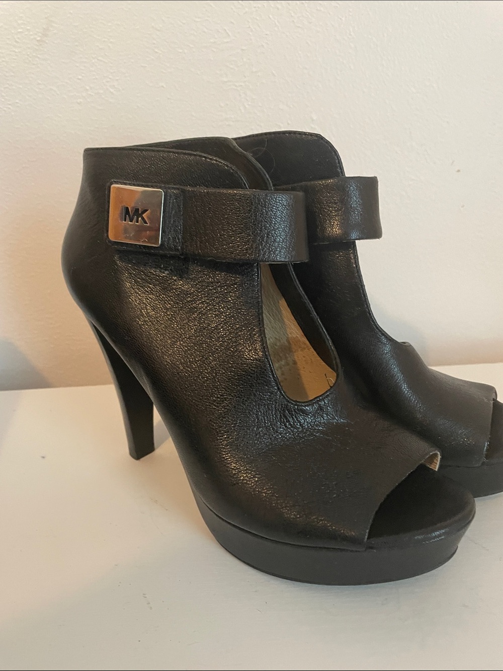 MICHAEL Michael Kors Black Leather Peep-Toe Platform Booties with MK Plaque - Picture 1 of 6